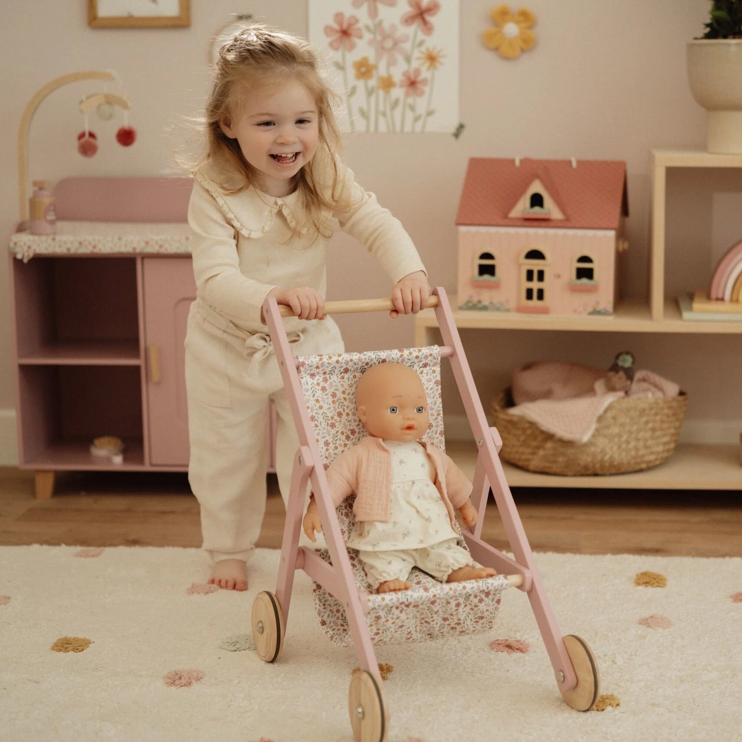 Houten poppenbuggy - Roze - Essentials