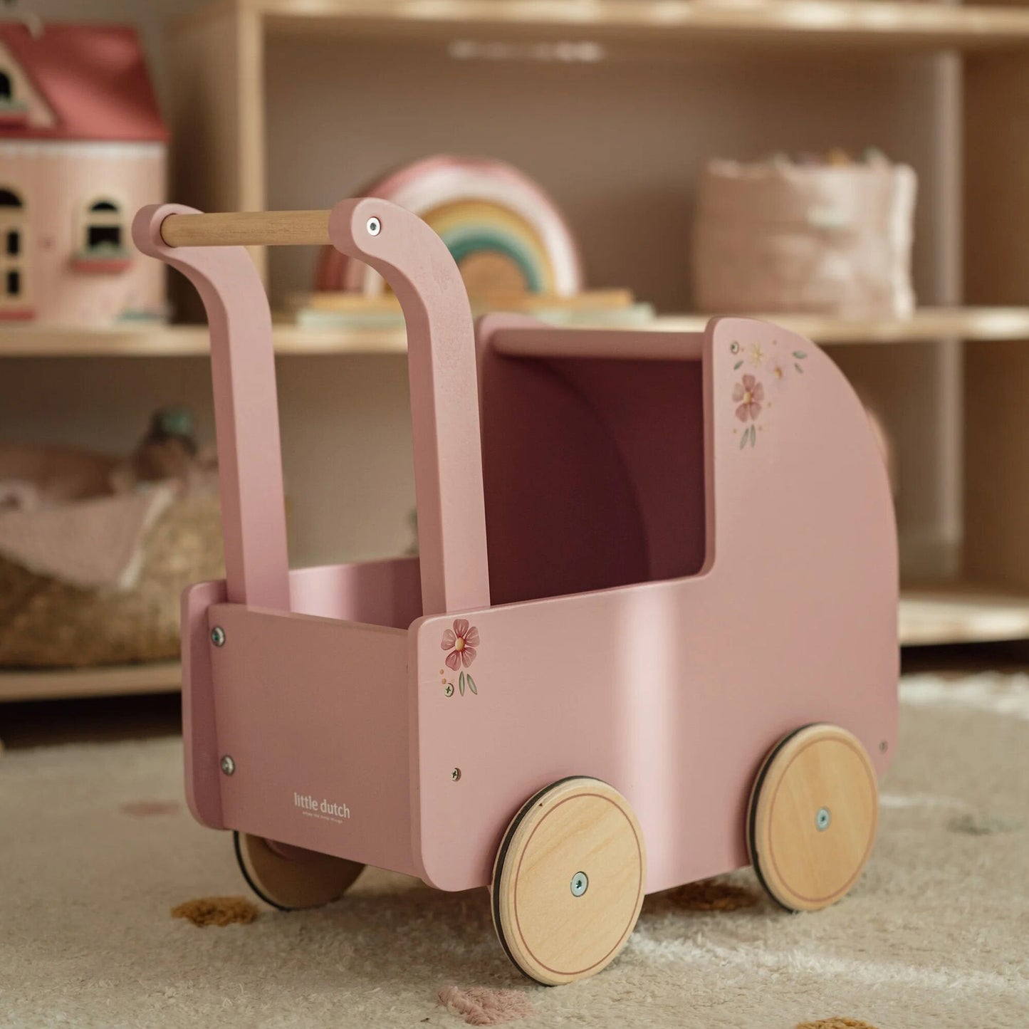Houten poppenwagen - Roze