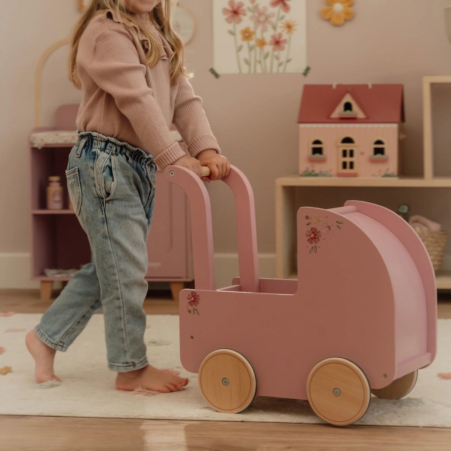 Houten poppenwagen - Roze